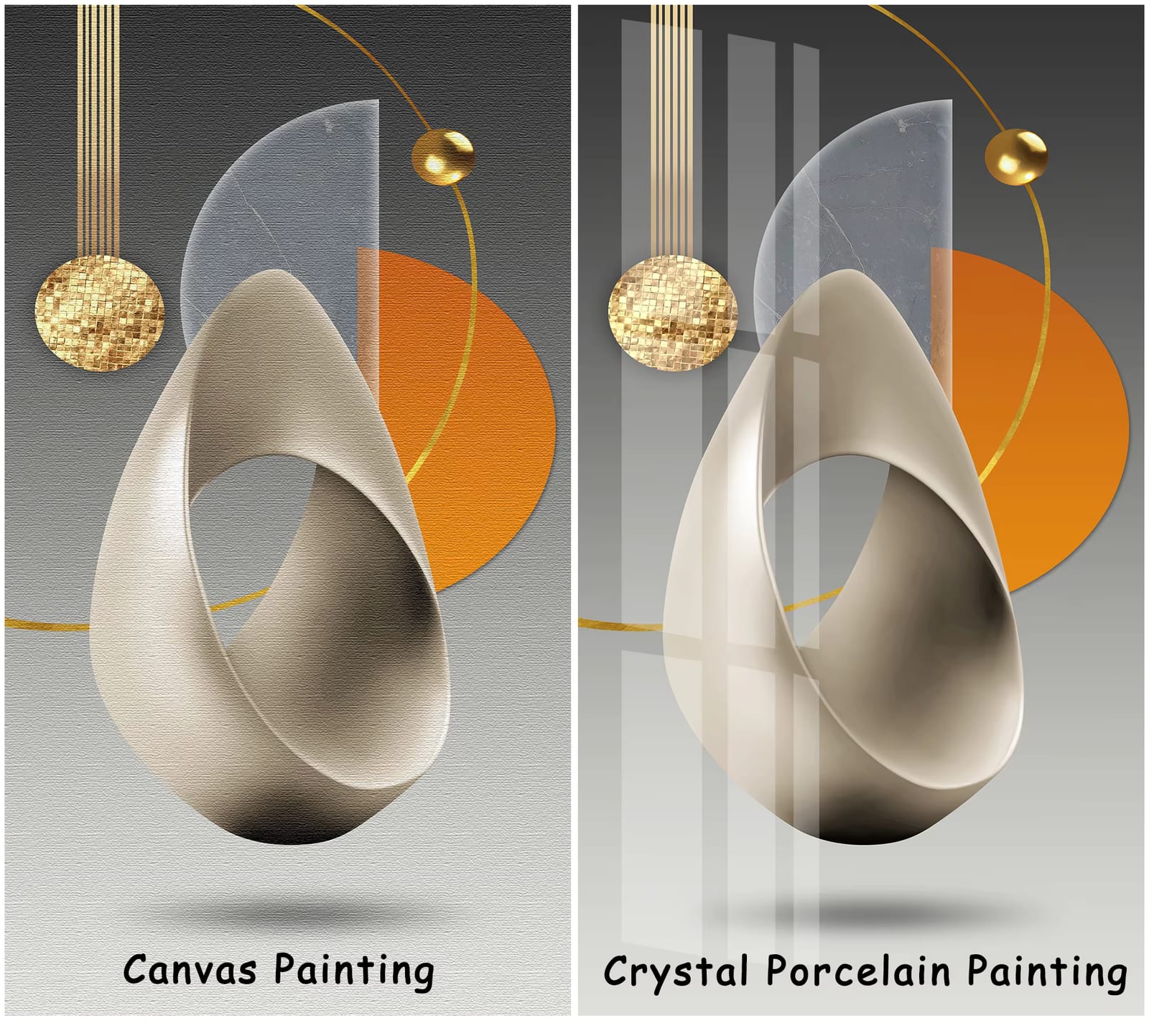 The same abstract artwork shown as a matte canvas painting on the left and a glossy crystal porcelain painting on the right