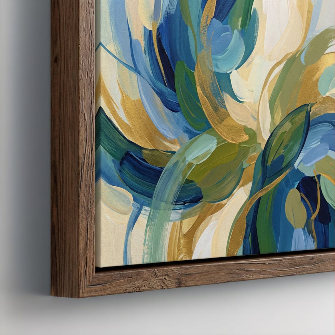 Extreme close-up of thick blue, green and gold brush-strokes with a wooden frame edge