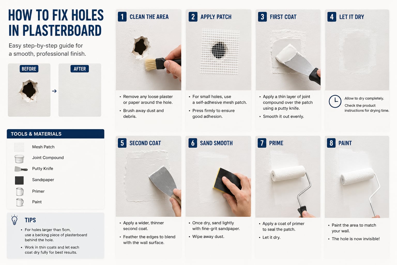 Illustrated eight-step guide to fixing a hole in plasterboard: clean, apply mesh patch, first coat, dry, second coat, sand, prime, paint